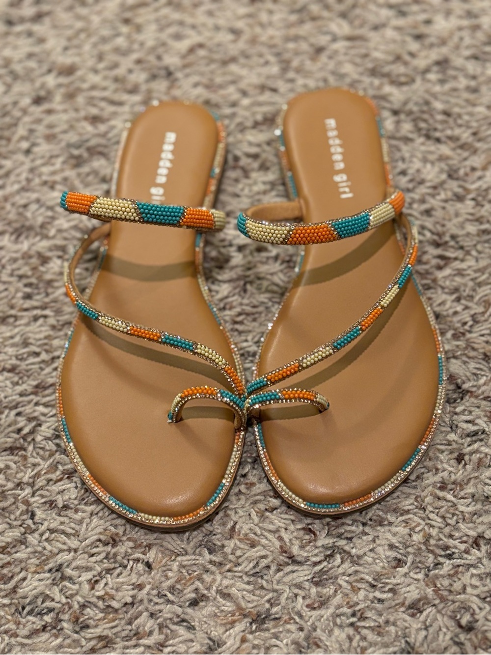 Madden Girl Tan Beaded Strappy Toe-Ring Sandals in Turquoise & Orange